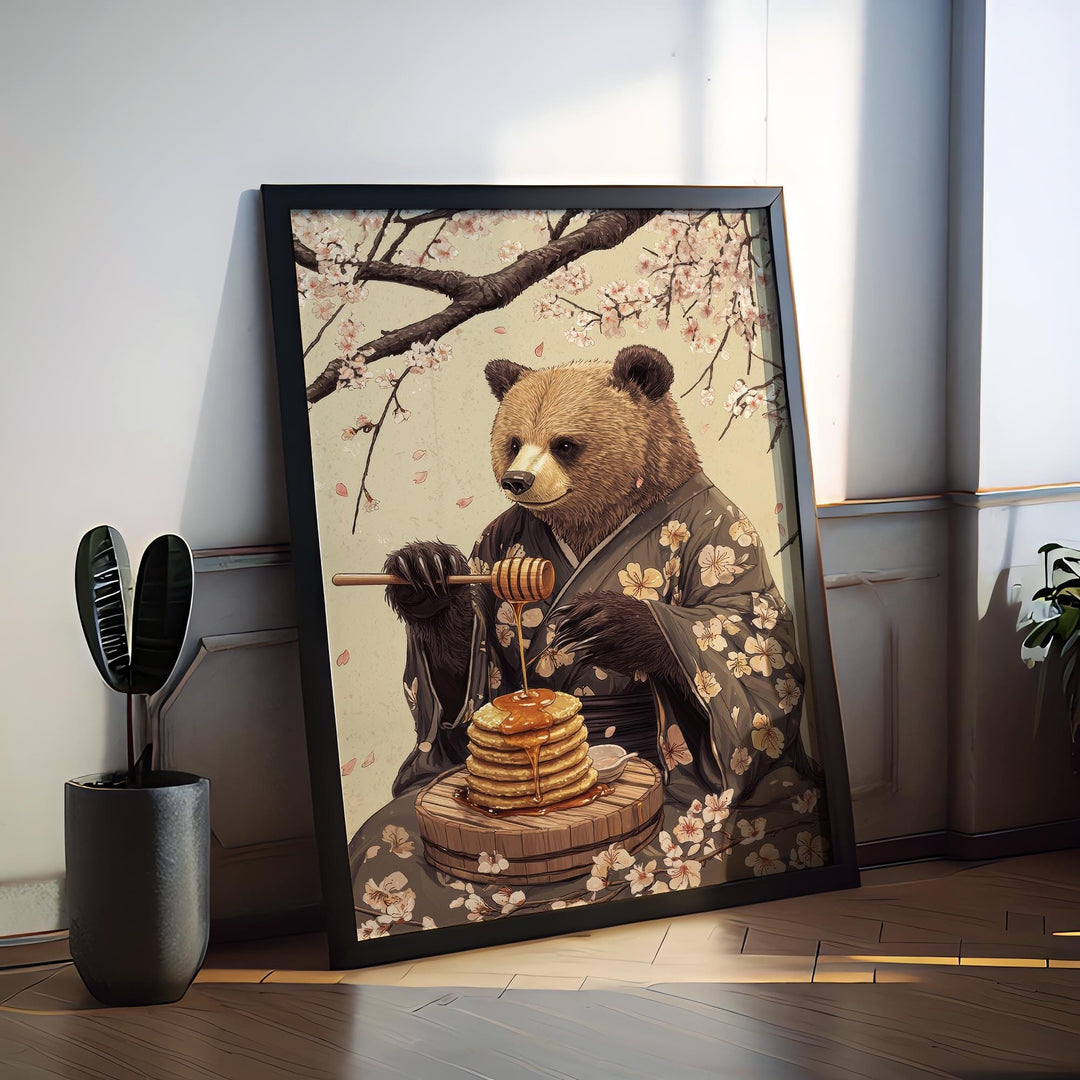 Bear with Honey Woodblock Print, Ukiyo-e Style Japanese Art