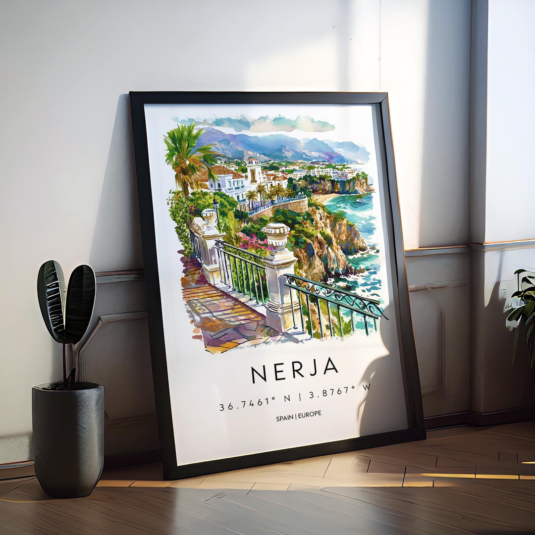 Nerja Watercolor Poster Nerja Spain Travel Print Wall Art Nerja Home Decor Nerja Gift Art Lovers Spain Art Nerja Coastal Town