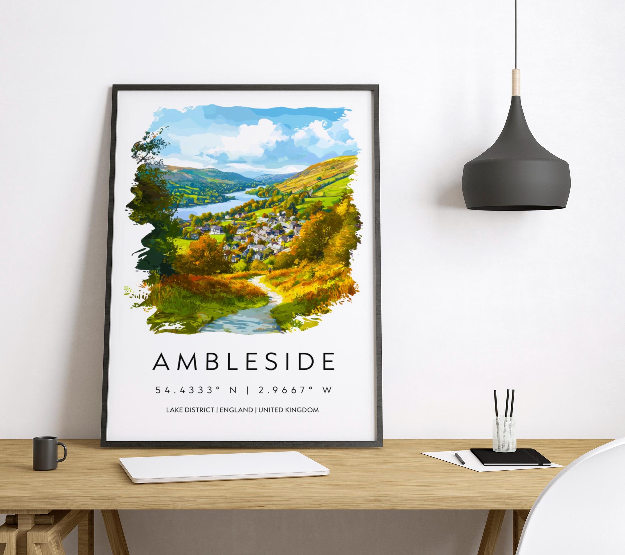 Ambleside Watercolor Poster Ambleside Lake District Travel Print Wall Art Ambleside Home Decor Ambleside Gift Art Lovers UK Village