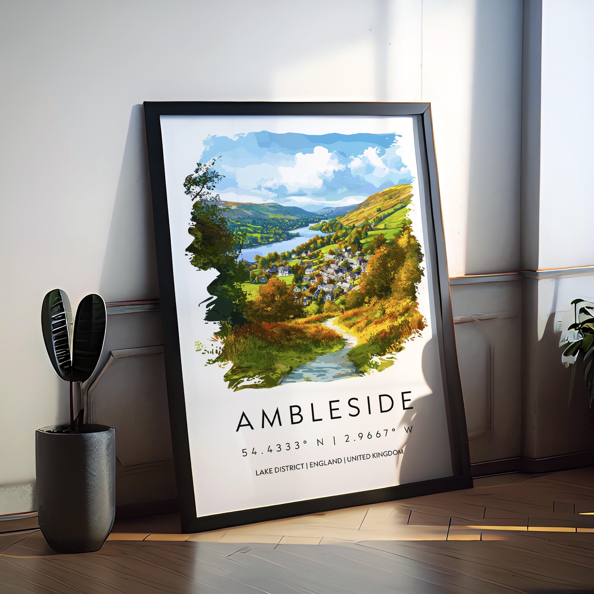 Ambleside Watercolor Poster Ambleside Lake District Travel Print Wall Art Ambleside Home Decor Ambleside Gift Art Lovers UK Village