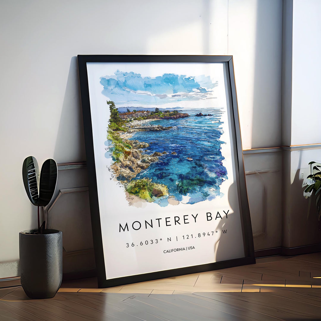 Monterey Bay Watercolor Poster Monterey Bay California Travel Print Wall Art Monterey Bay Home Decor Monterey Bay Gift Art Lovers Coastal
