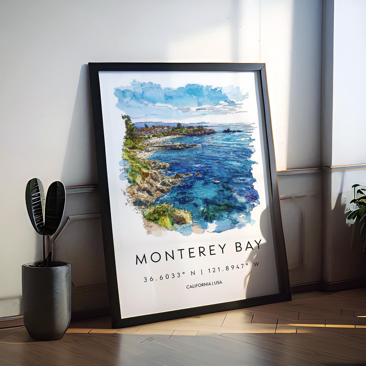 Monterey Bay Watercolor Poster Monterey Bay California Travel Print Wall Art Monterey Bay Home Decor Monterey Bay Gift Art Lovers Coastal