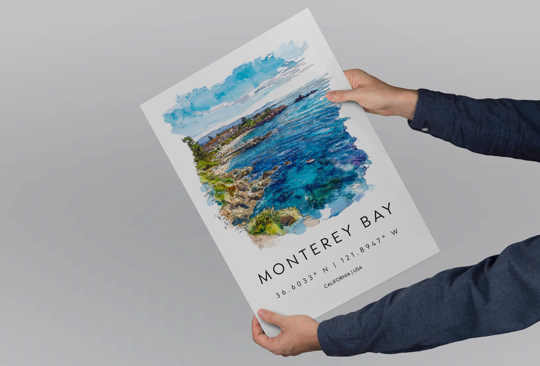 Monterey Bay Watercolor Poster Monterey Bay California Travel Print Wall Art Monterey Bay Home Decor Monterey Bay Gift Art Lovers Coastal