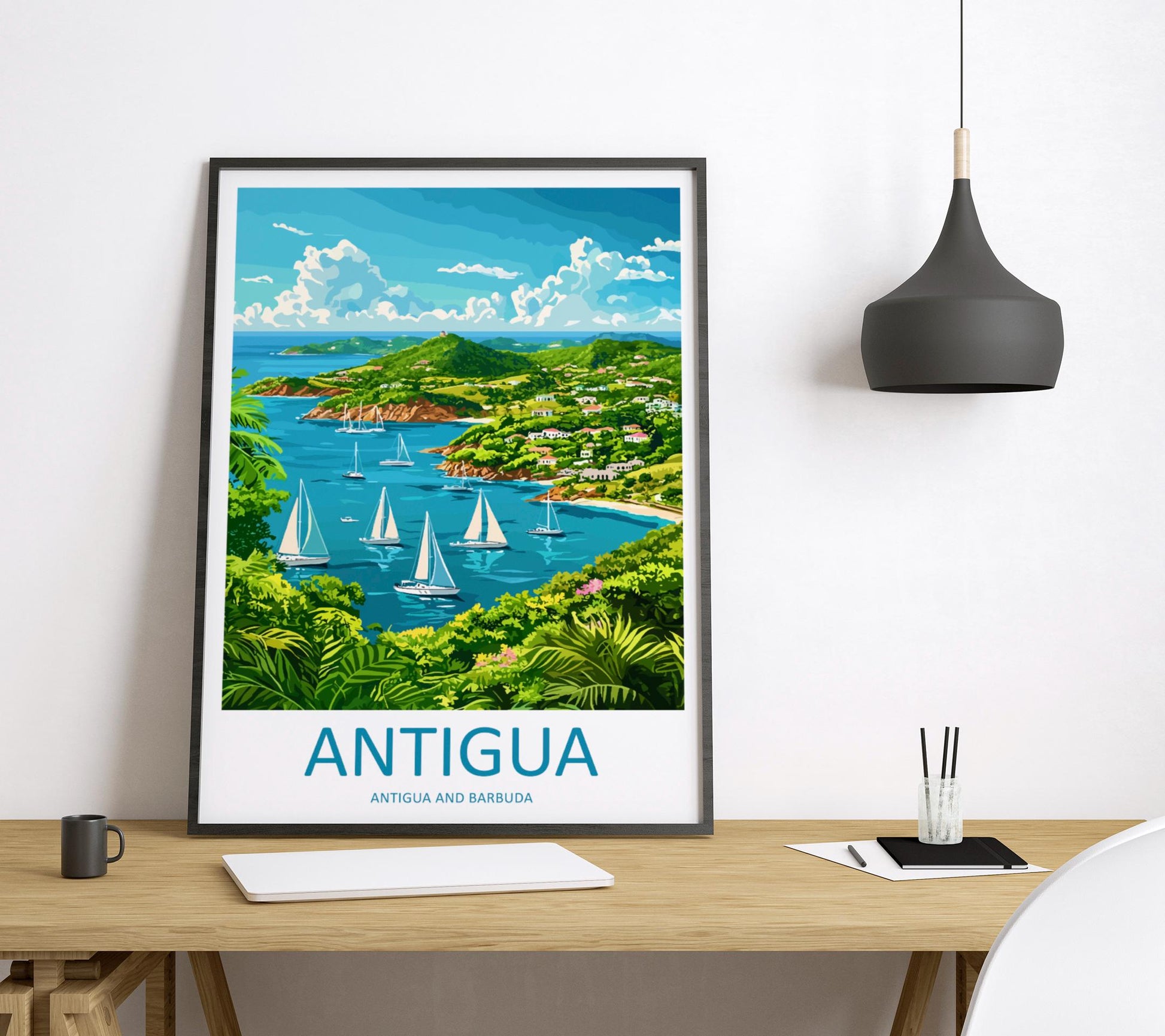 Antigua Travel Poster Caribbean Wall Art Beach Ocean View Tropical Decor Island Gift Souvenir Scene Paradise Landmark Art