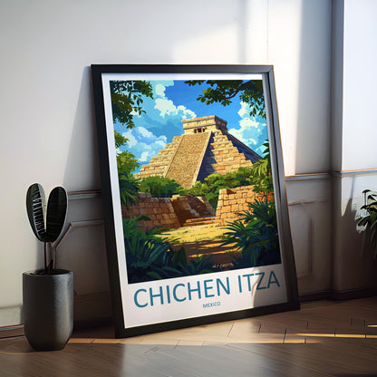 Chichen Itza Travel Poster Mexico Wall Art Mayan Ruins Print Ancient Decor Mexican Gift Souvenir Scene World Heritage Landmark Art