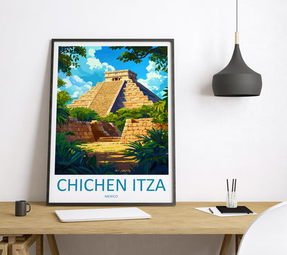 Chichen Itza Travel Poster Mexico Wall Art Mayan Ruins Print Ancient Decor Mexican Gift Souvenir Scene World Heritage Landmark Art
