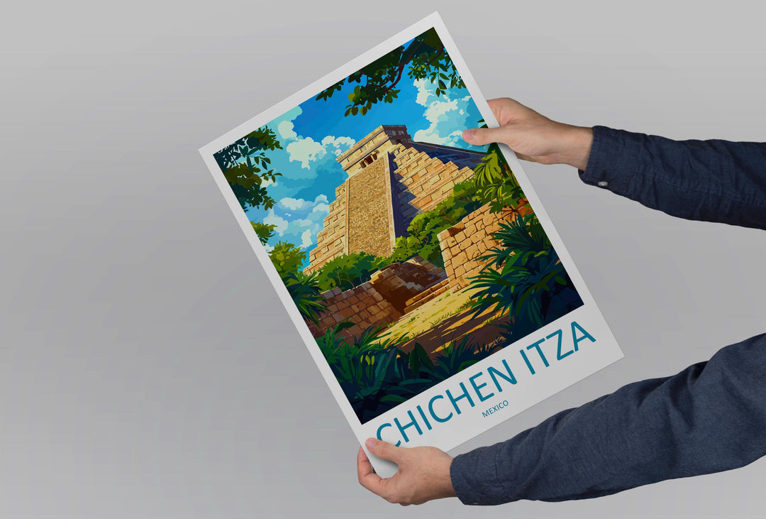 Chichen Itza Travel Poster Mexico Wall Art Mayan Ruins Print Ancient Decor Mexican Gift Souvenir Scene World Heritage Landmark Art