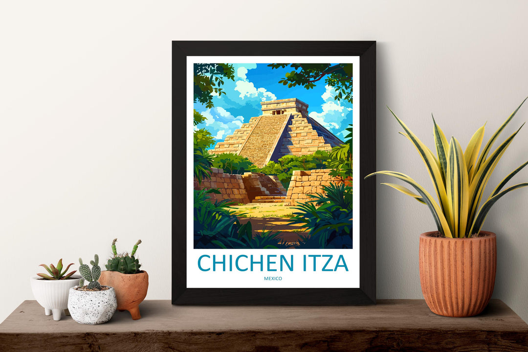 Chichen Itza Travel Poster Mexico Wall Art Mayan Ruins Print Ancient Decor Mexican Gift Souvenir Scene World Heritage Landmark Art