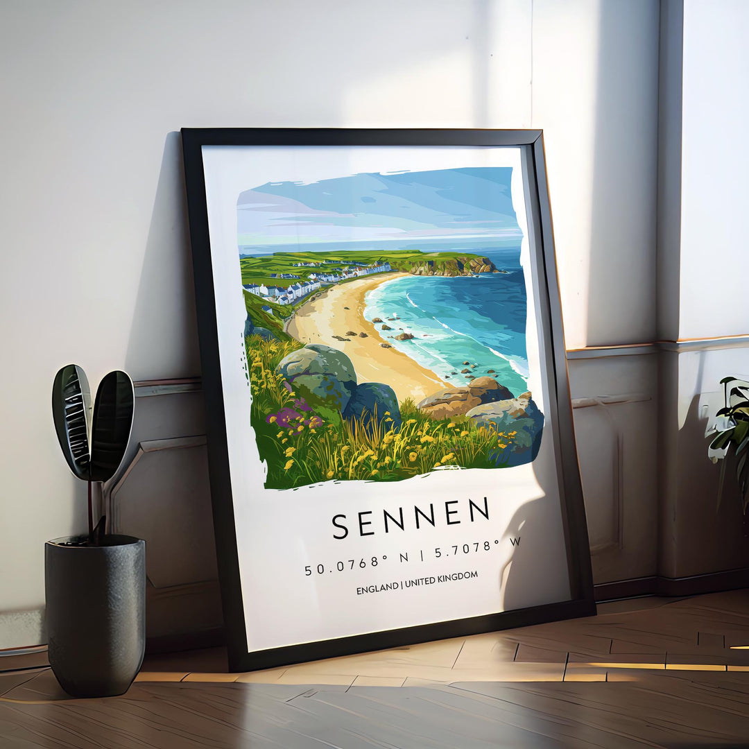Sennen Watercolor Poster Sennen Cornwall Travel Print Wall Art Sennen Home Decor Sennen Gift Art Lovers UK Beach Surfing