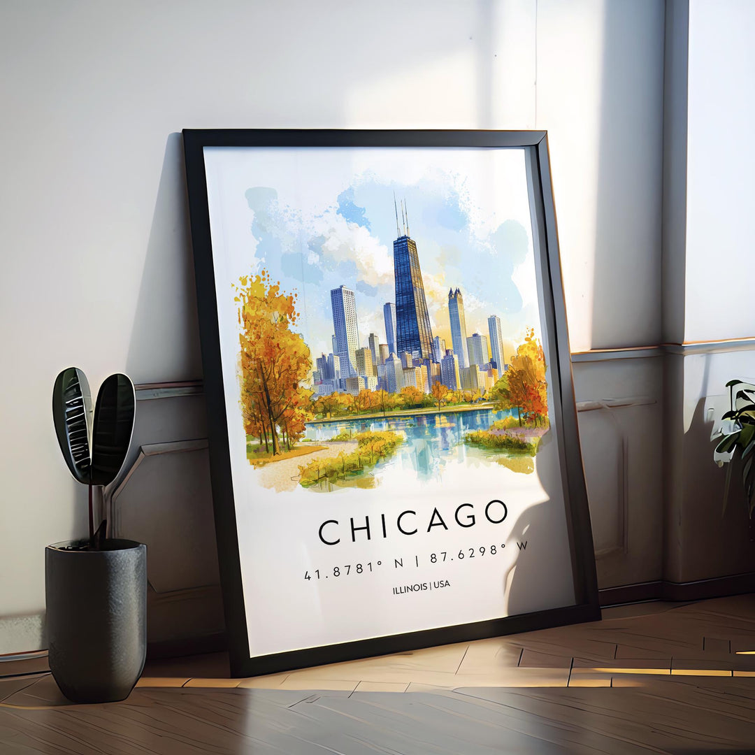 Chicago Watercolor Poster Chicago Illinois Travel Print Wall Art Chicago Home Decor Chicago Gift Art Lovers Skyline City