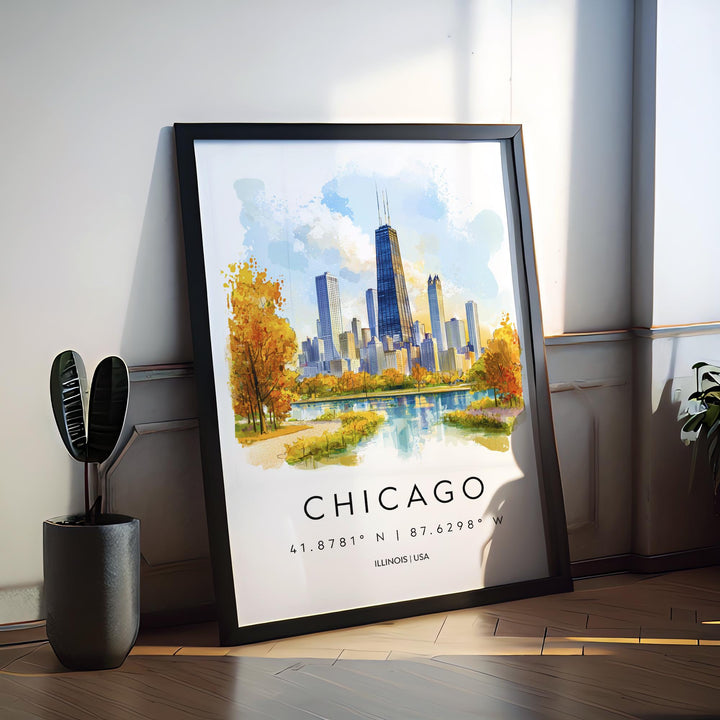 Chicago Watercolor Poster Chicago Illinois Travel Print Wall Art Chicago Home Decor Chicago Gift Art Lovers Skyline City
