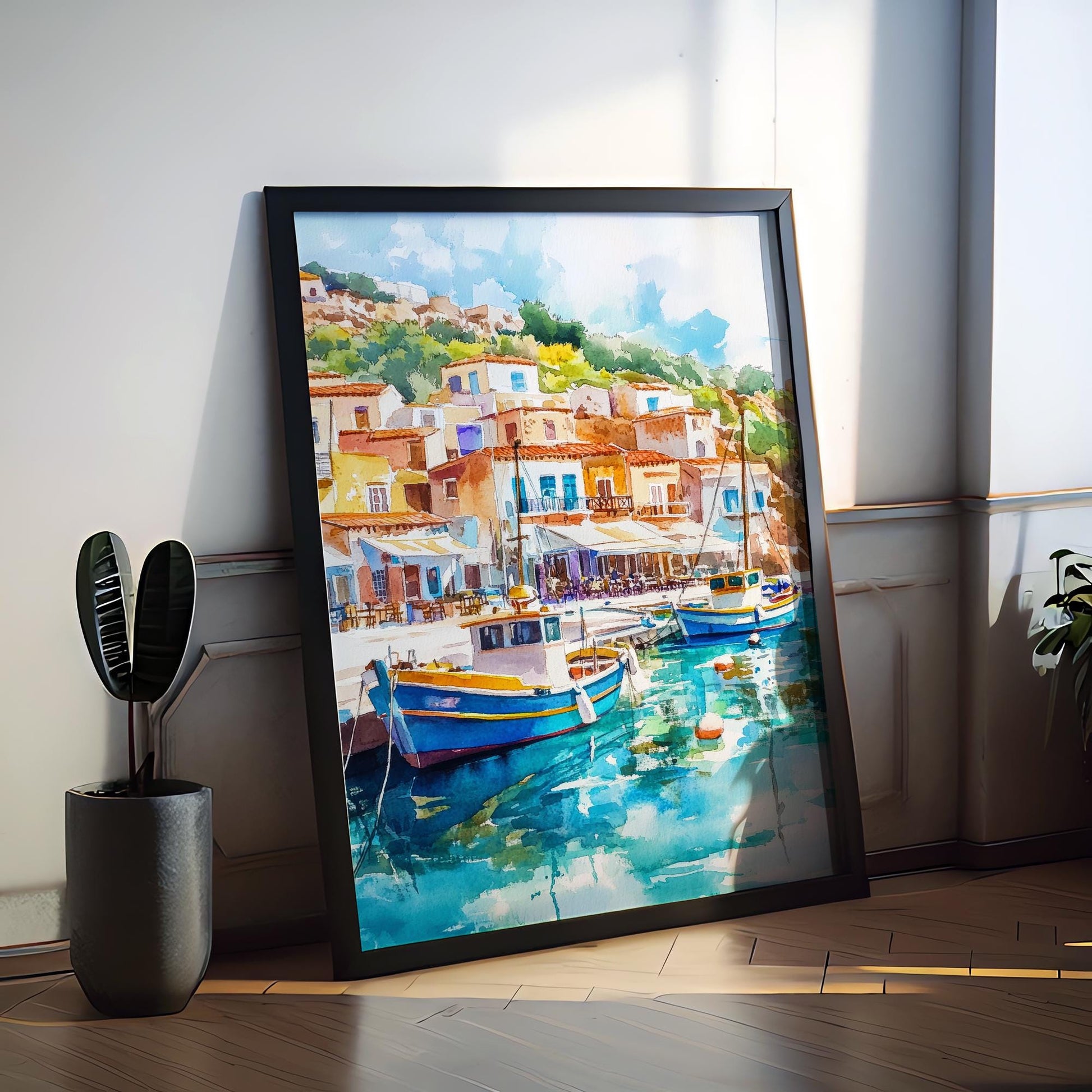 Samos Watercolor Poster Greece Travel Print Wall Art Home Decor Gift Greek Isle Souvenir Beach Vineyard Mountain View Wall Decor Hanging