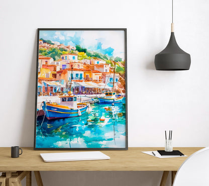 Samos Watercolor Poster Greece Travel Print Wall Art Home Decor Gift Greek Isle Souvenir Beach Vineyard Mountain View Wall Decor Hanging