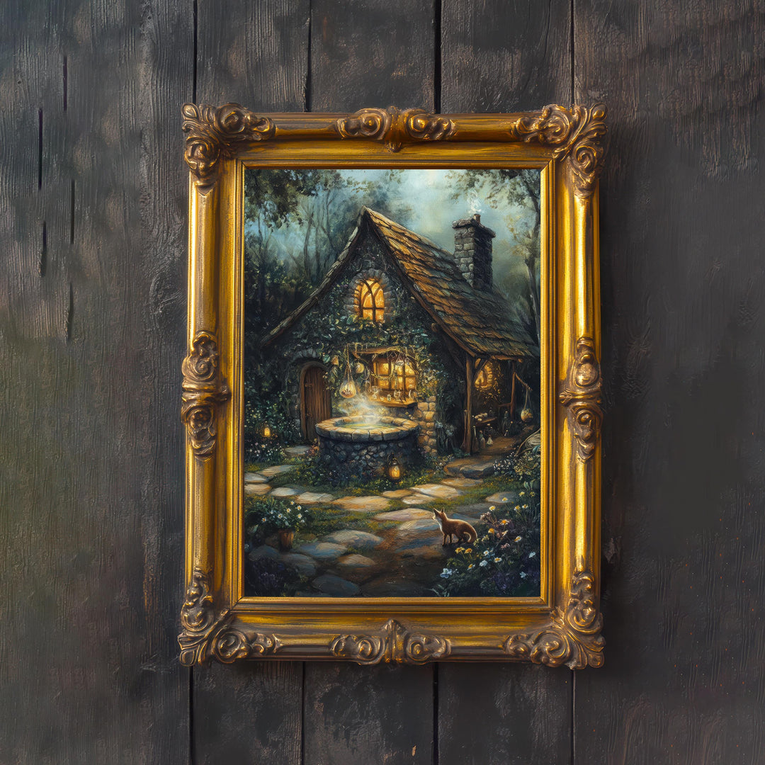 Cottagecore Wishing Well Art Print, Enchanted Forest Illustration