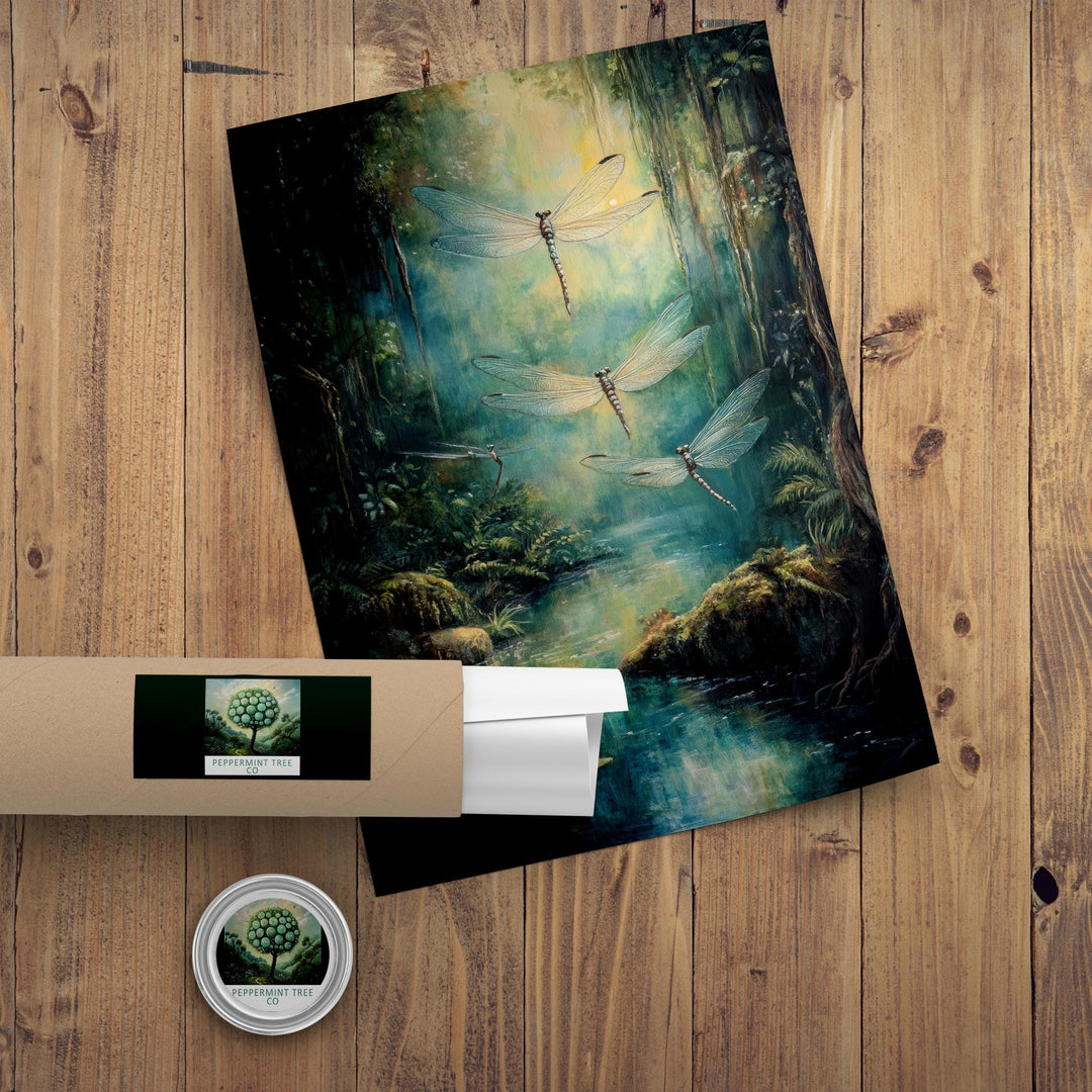 Fern Winged Dragonflies Art Print, Vintage Cottagecore Decor