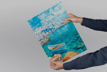 Paros Watercolor Poster Greece Travel Print Wall Art Home Decor Gift Greek Isle Souvenir Naoussa Beach Villages Wall Decor Hanging