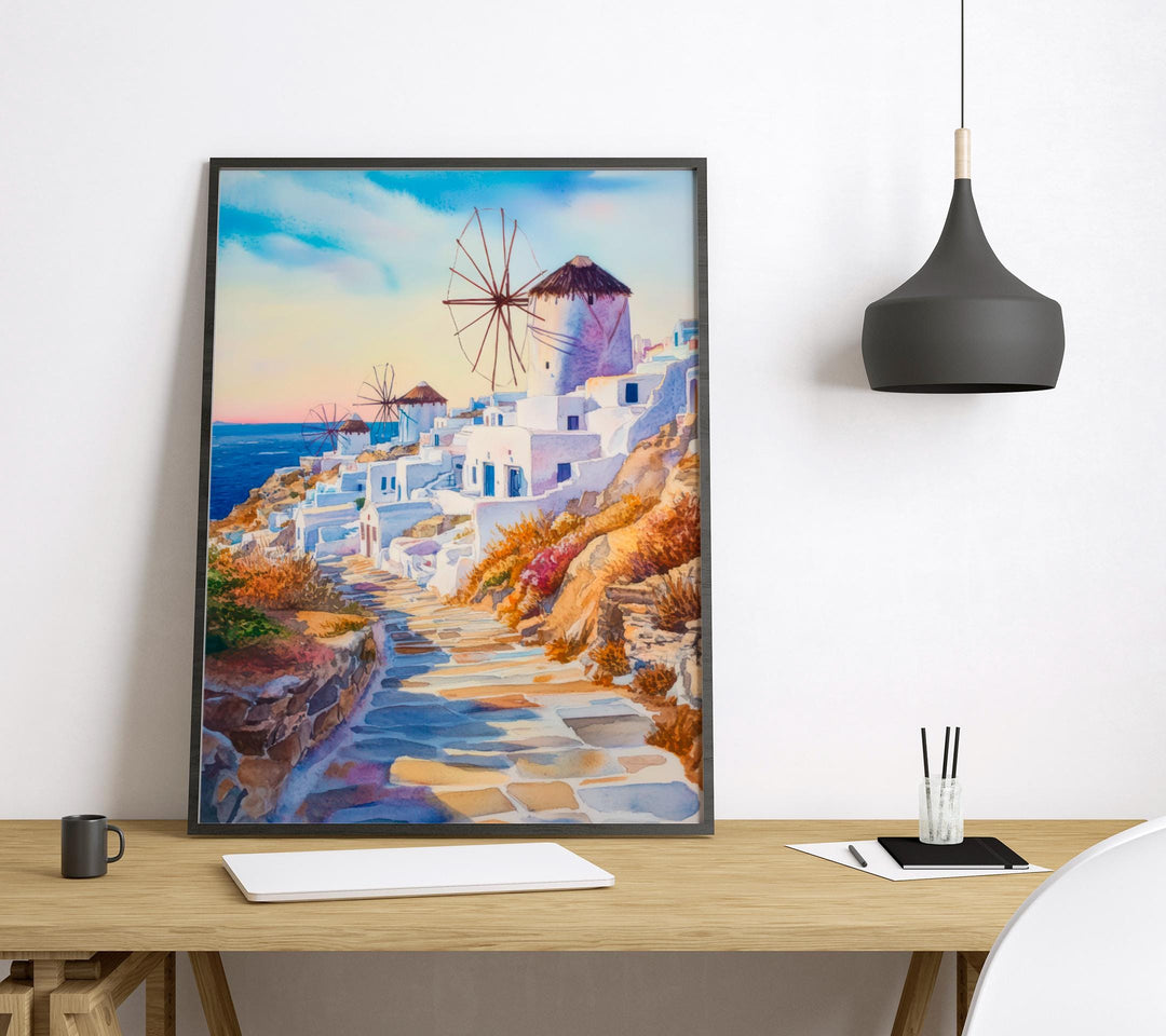 Mykonos Watercolor Poster Greece Travel Print Wall Art Home Decor Gift Greek Isle Souvenir Windmills Beach Party Wall Decor Hanging