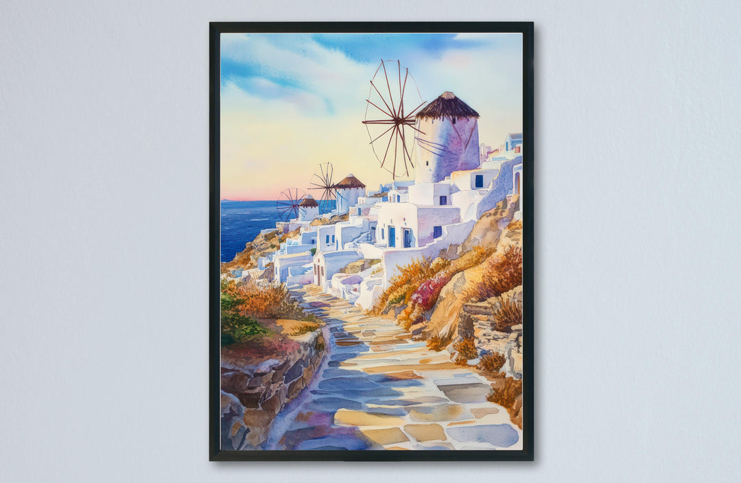 Mykonos Watercolor Poster Greece Travel Print Wall Art Home Decor Gift Greek Isle Souvenir Windmills Beach Party Wall Decor Hanging