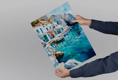 Milos Watercolor Poster Greece Travel Print Wall Art Home Decor Gift Greek Isle Souvenir Sarakiniko Beach Village Wall Decor Hanging