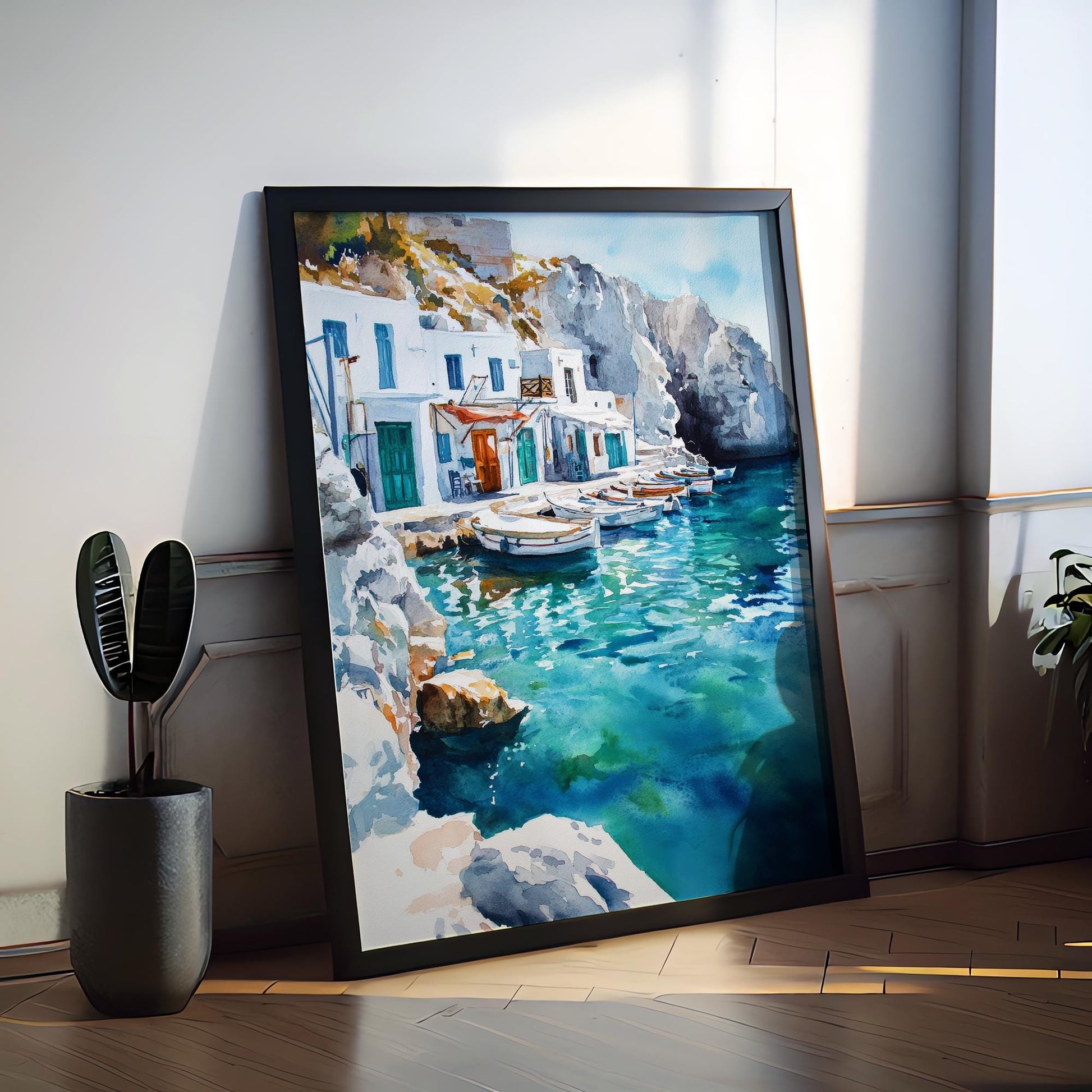 Milos Watercolor Poster Greece Travel Print Wall Art Home Decor Gift Greek Isle Souvenir Sarakiniko Beach Village Wall Decor Hanging