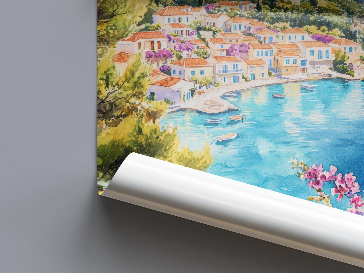 Kefalonia Watercolor Poster Greece Travel Print Wall Art Home Decor Gift Greek Isle Souvenir Myrtos Beach Cave Lake Wall Decor Hanging