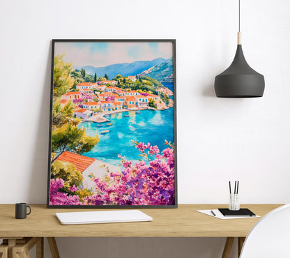 Kefalonia Watercolor Poster Greece Travel Print Wall Art Home Decor Gift Greek Isle Souvenir Myrtos Beach Cave Lake Wall Decor Hanging