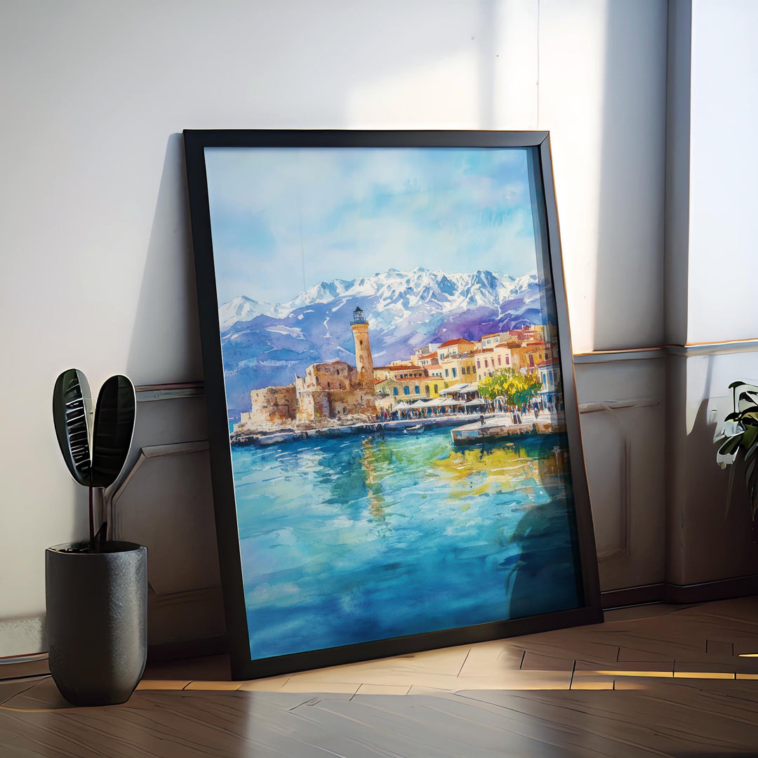 Chania Watercolor Poster Greece Travel Print Wall Art Home Decor Gift Greek City Souvenir Venetian Harbor Lighthouse Wall Decor Hanging