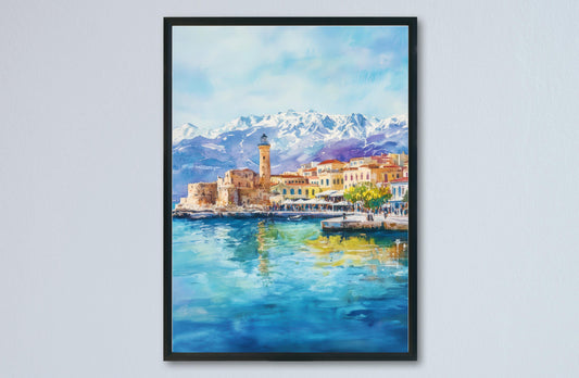 Chania Watercolor Poster Greece Travel Print Wall Art Home Decor Gift Greek City Souvenir Venetian Harbor Lighthouse Wall Decor Hanging