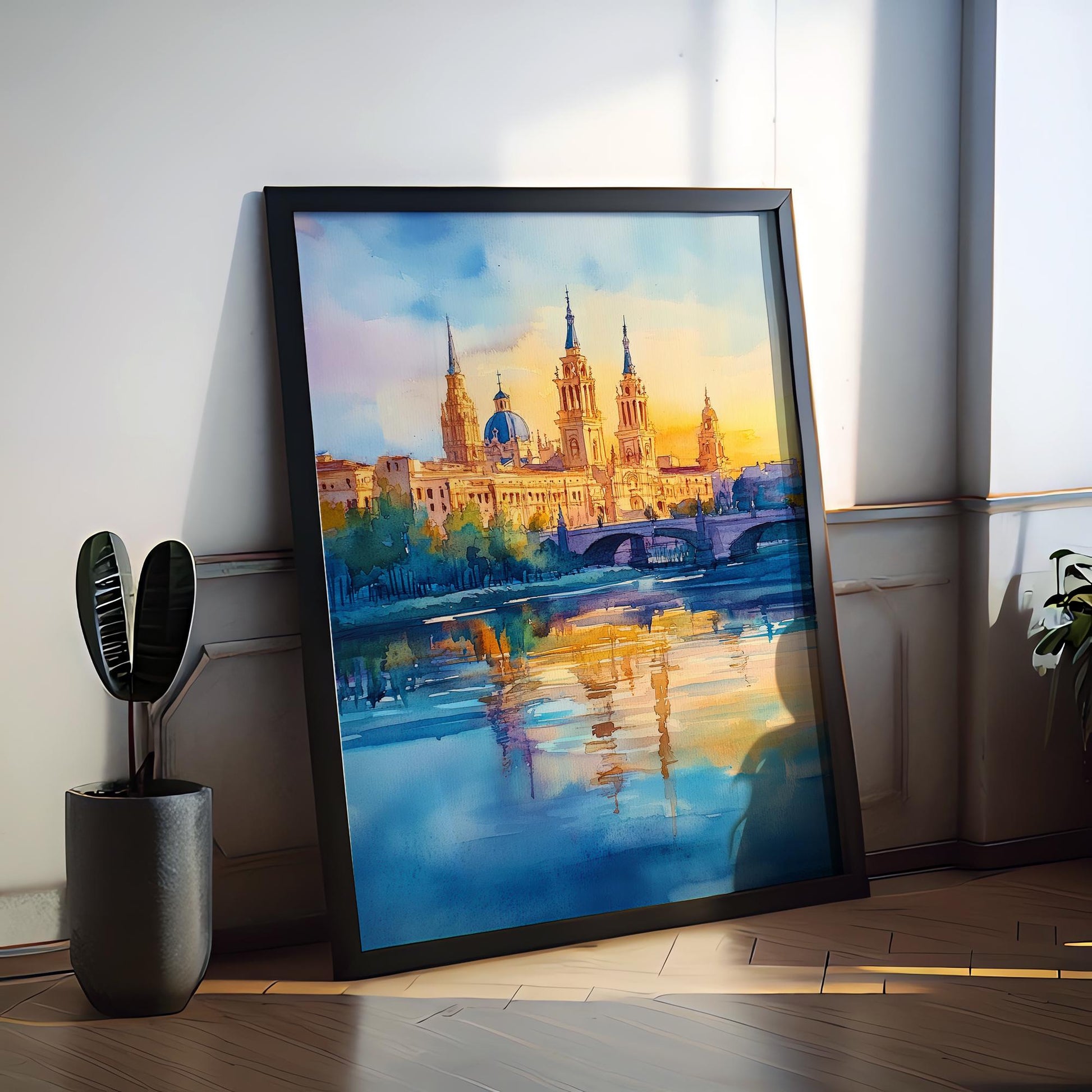 Zaragoza Watercolor Poster Spain Travel Print Wall Art Home Decor Gift Spanish City Souvenir Basilica Ebro River Wall Decor Hanging