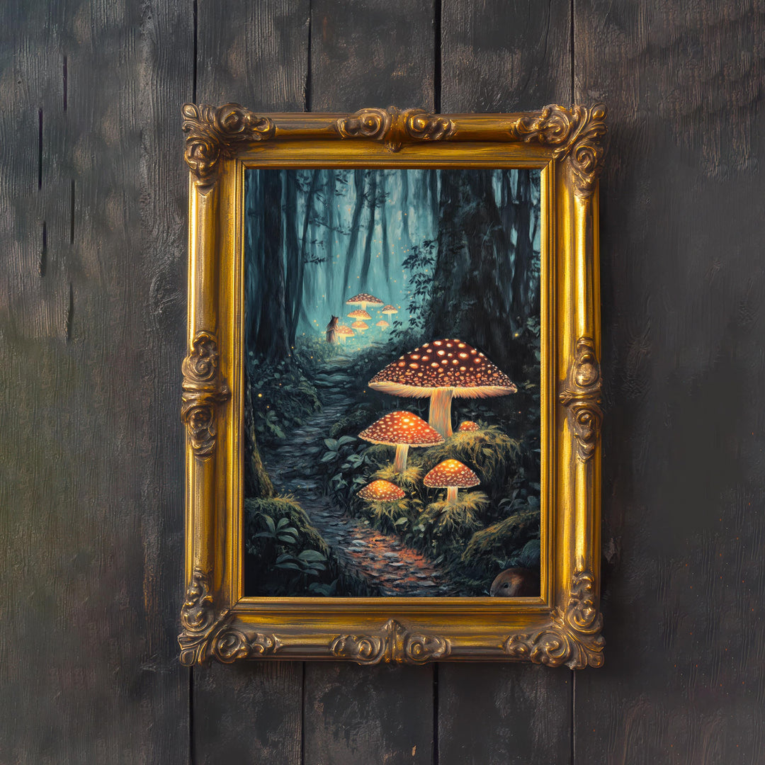 Mushroom Glow Worms Print: Vintage Cottagecore Woodland Art