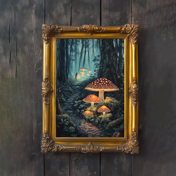 Mushroom Glow Worms Print: Vintage Cottagecore Woodland Art