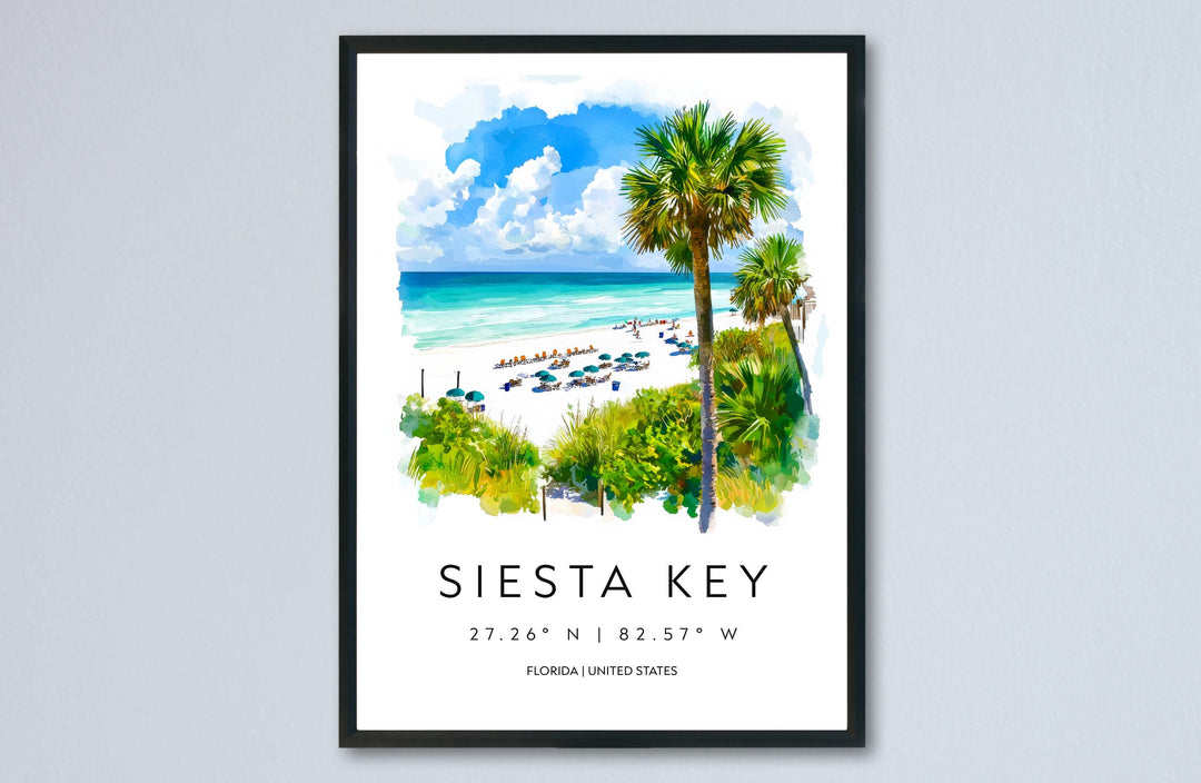 Siesta Key Watercolor Poster Wall Art Florida Home Décor USA Art Lover Gift, Travel Souvenir Print Siesta Key Wall Hanging Florida Poster