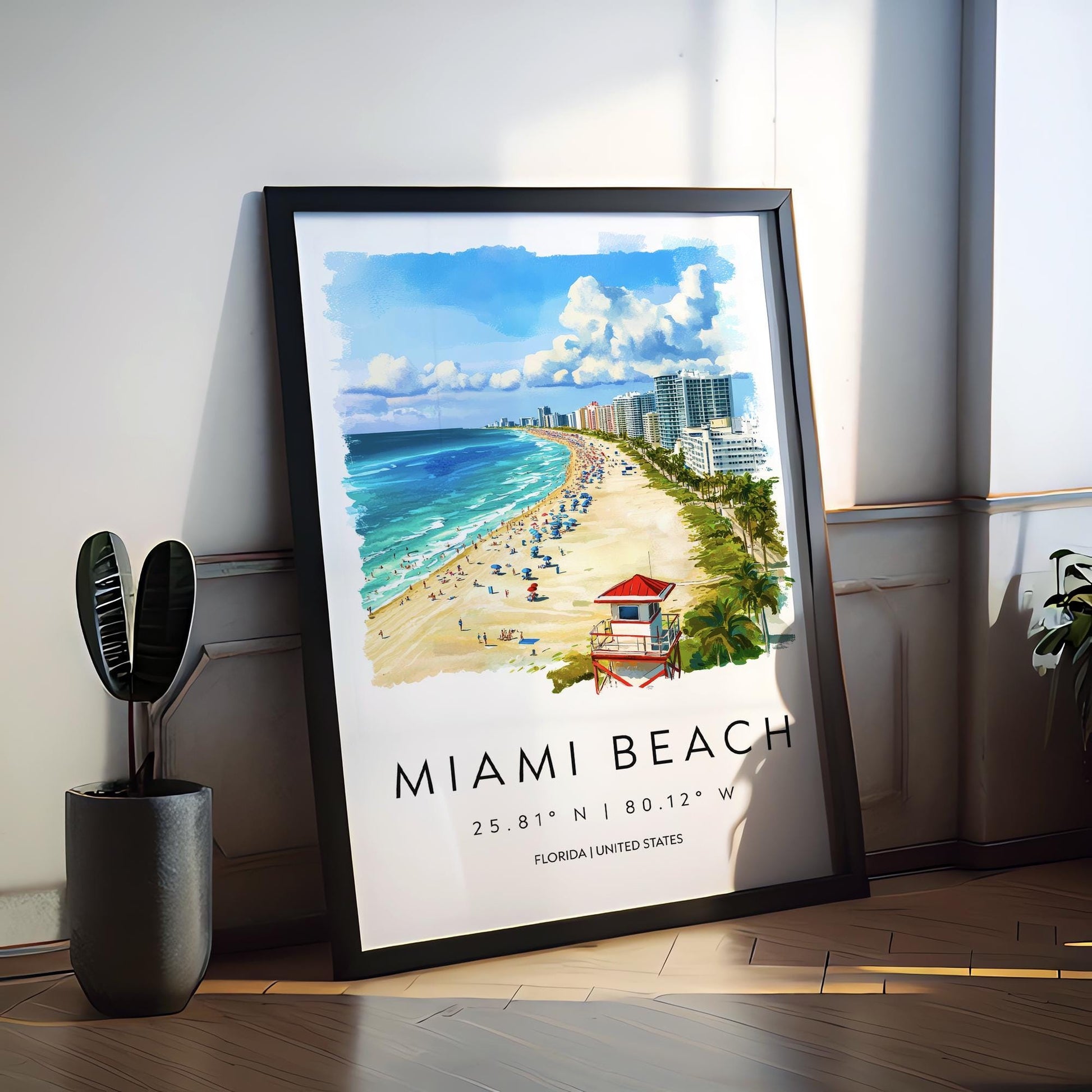 Miami Beach Watercolor Poster Wall Art Miami Beach Wall Decor Home Décor Miami Beach Gift USA Art Lover Gift, Travel Souvenir Print