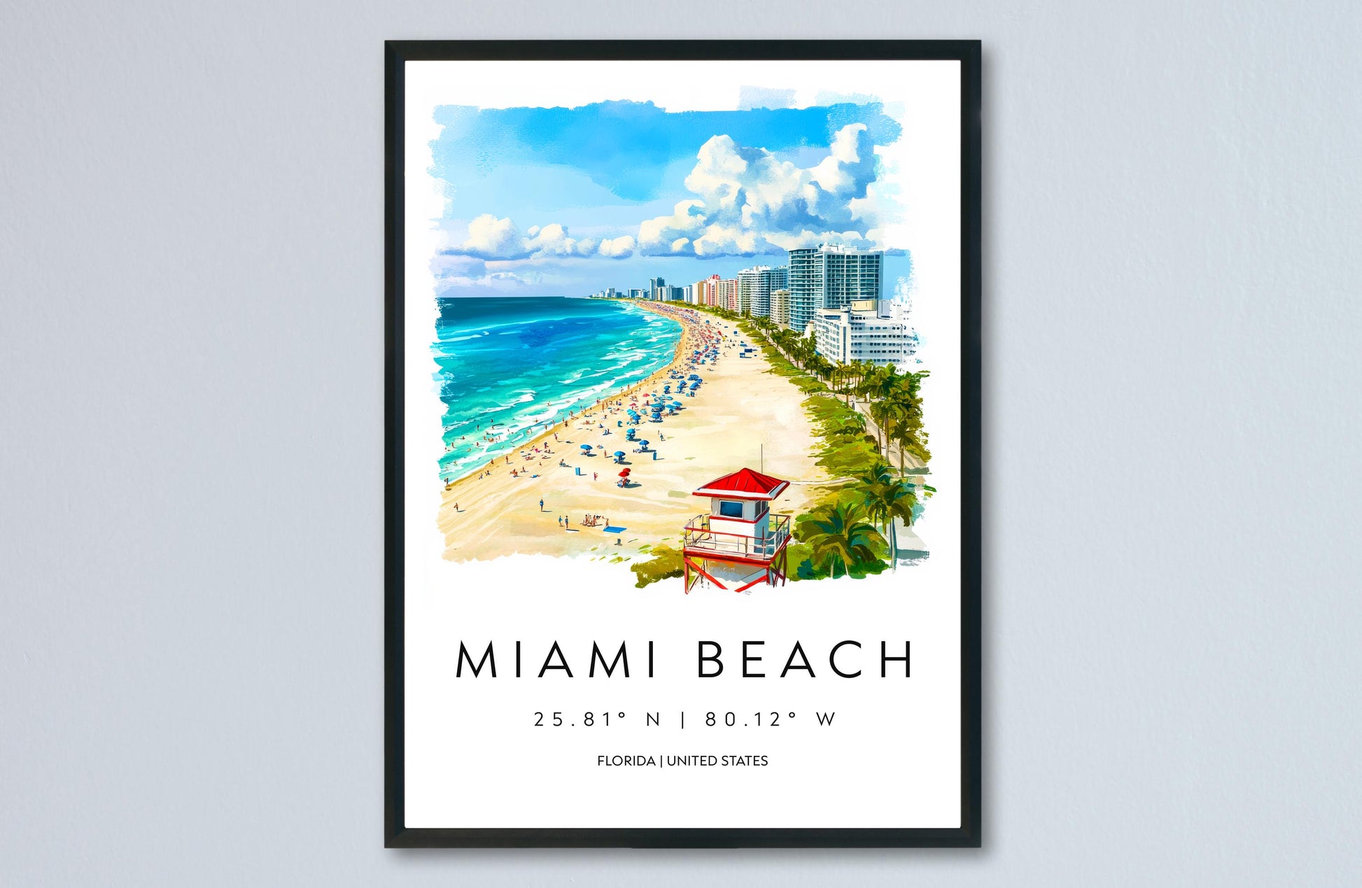 Miami Beach Watercolor Poster Wall Art Miami Beach Wall Decor Home Décor Miami Beach Gift USA Art Lover Gift, Travel Souvenir Print