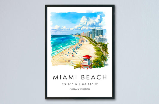 Miami Beach Watercolor Poster Wall Art Miami Beach Wall Decor Home Décor Miami Beach Gift USA Art Lover Gift, Travel Souvenir Print