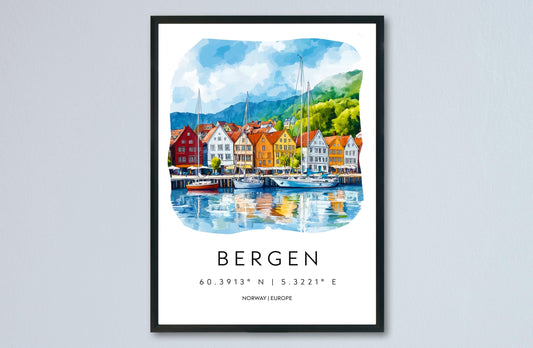 Bergen Watercolor Poster Wall Art Bergen Wall Decor Home Décor Bergen Gift Norway Art Lover Gift, Travel Souvenir Print