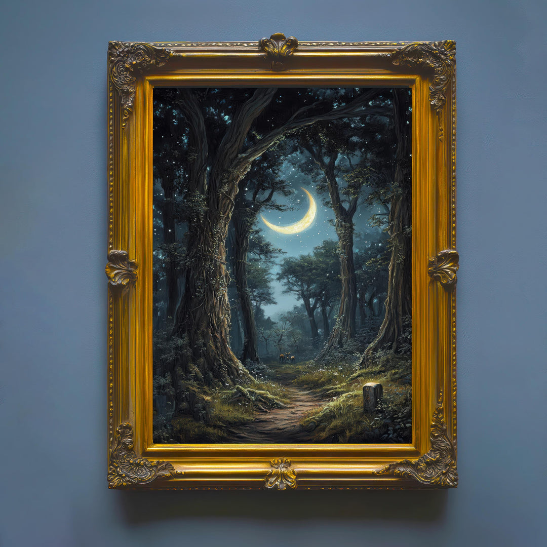 Moonlight Forest Print, Vintage Cottagecore Nature Art