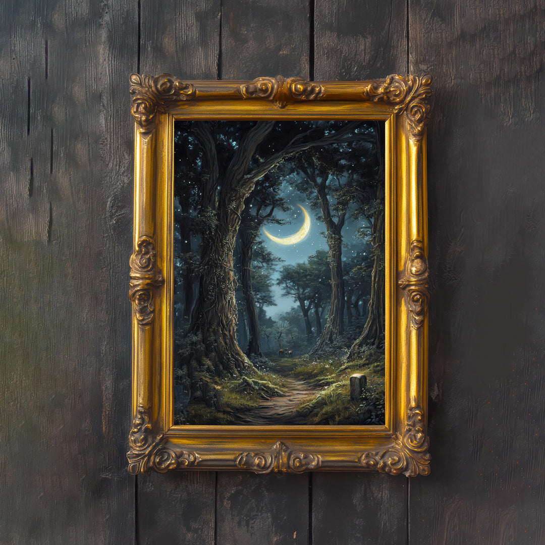 Moonlight Forest Print, Vintage Cottagecore Nature Art