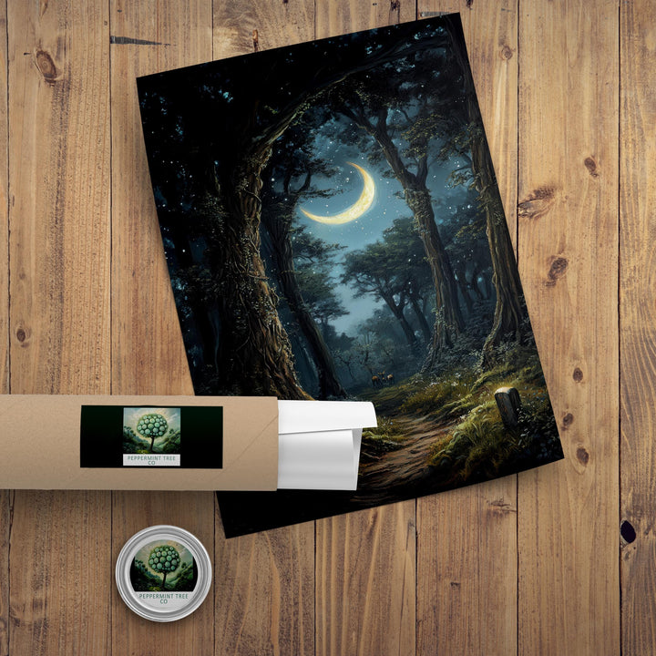 Moonlight Forest Print, Vintage Cottagecore Nature Art