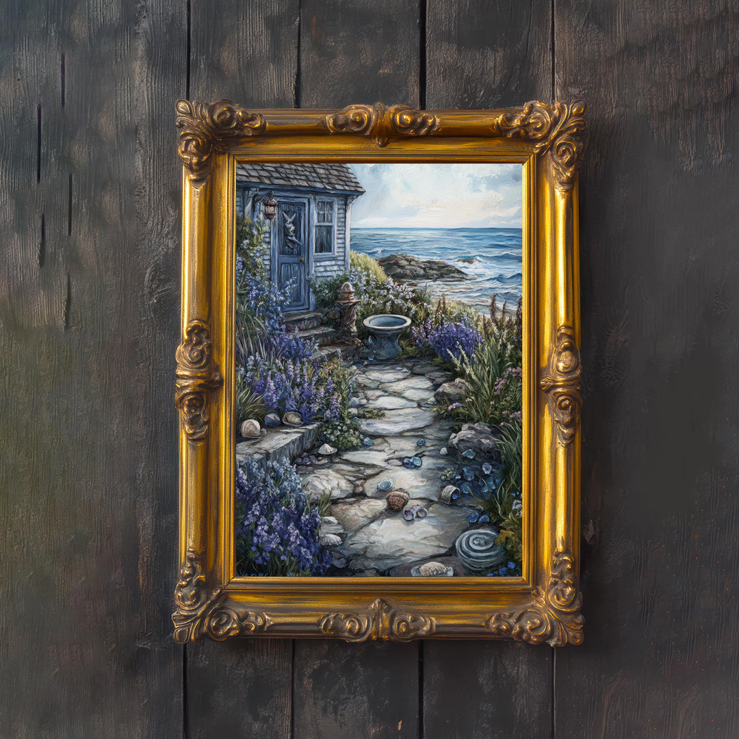 Coastal Garden Cottagecore Art Print, Vintage Ocean Illustration