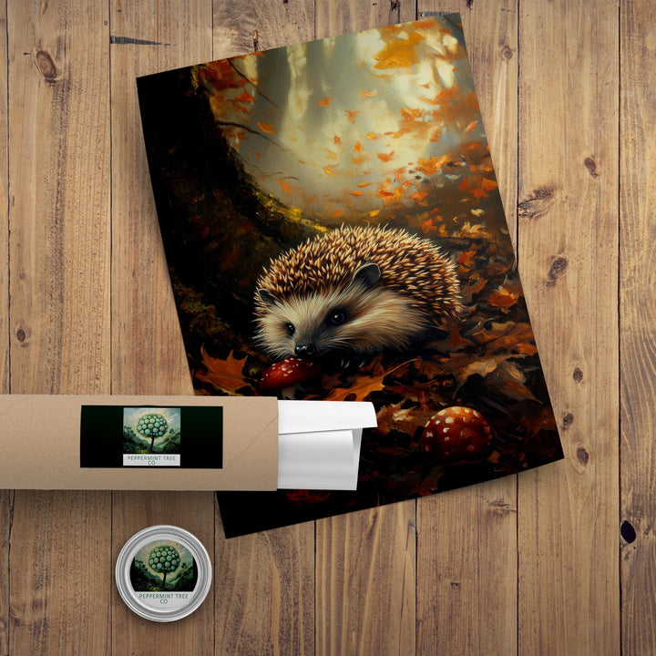 Hedgehog Autumn Print, Vintage Forest Cottagecore Art