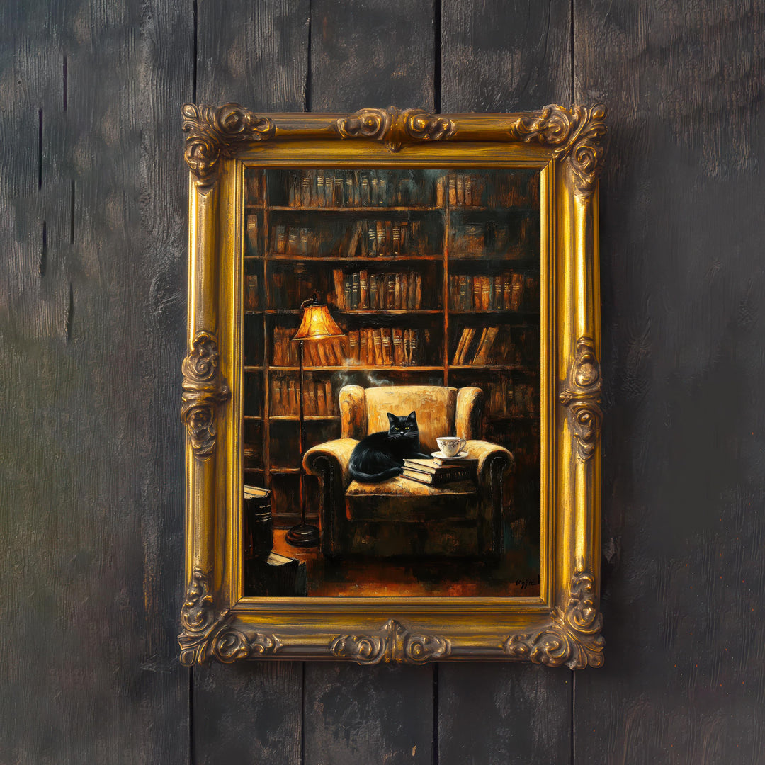 Old Library Nook with Cat Cottagecore Print Poster Vintage Cozy Art Dark Academia Decor Antique Illustration Enchanted Bookish Cottagecore