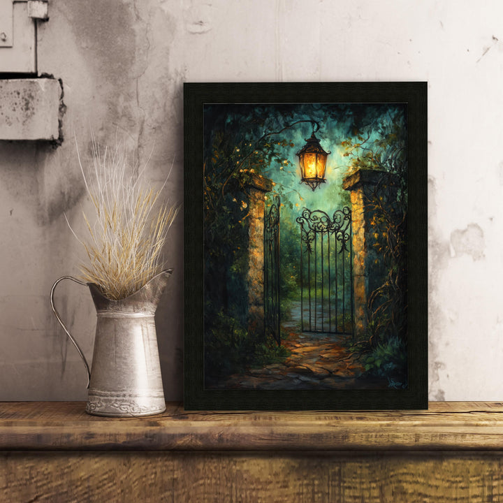 Lantern Lit Garden Gate Print, Vintage Cottagecore Art