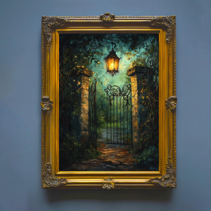 Lantern Lit Garden Gate Print, Vintage Cottagecore Art