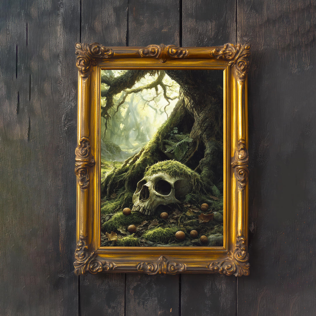 Mossy Skull Cottagecore Print Poster Vintage Nature Art Dark Academia Wall Decor Antique Illustration Enchanted Forest Cottagecore