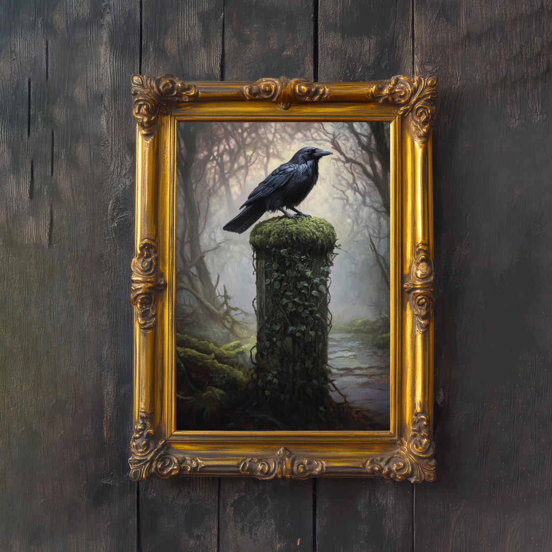 Raven Cottagecore Print | Vintage Mossy Gatepost Illustration
