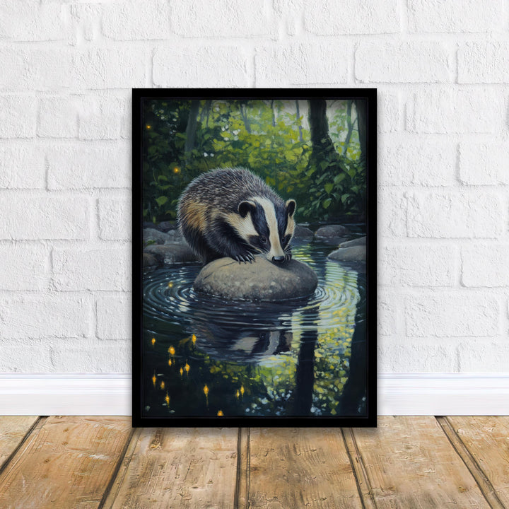 Badger Woodland Stream Print - Vintage Cottagecore Forest Poster