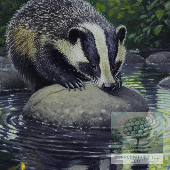 Badger Woodland Stream Print - Vintage Cottagecore Forest Poster