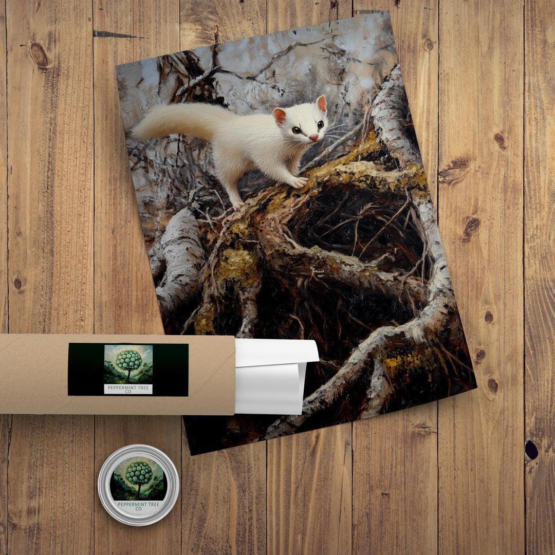 Stoat Winter Coat Print, Vintage Forest Art, Cottagecore Decor