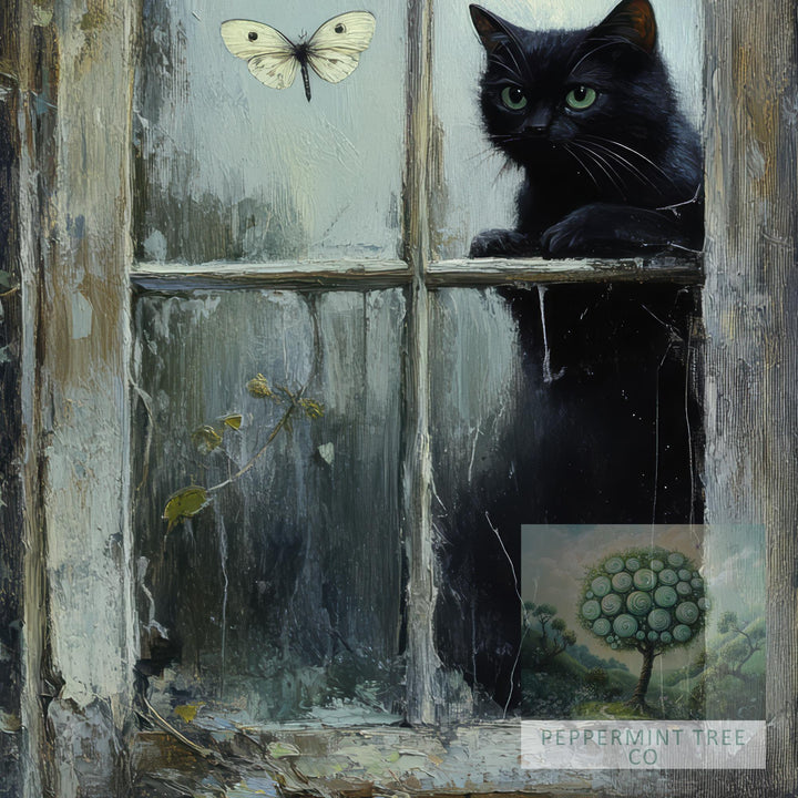 Moth-Watching Cat Print, Vintage Cottagecore Illustration
